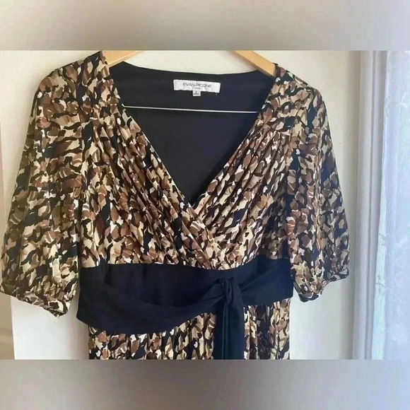 Vintage Evan Picone Satin Party Cocktail Dress 90s Wrap Half Sleeve V Neck Brown - Picture 3 of 10